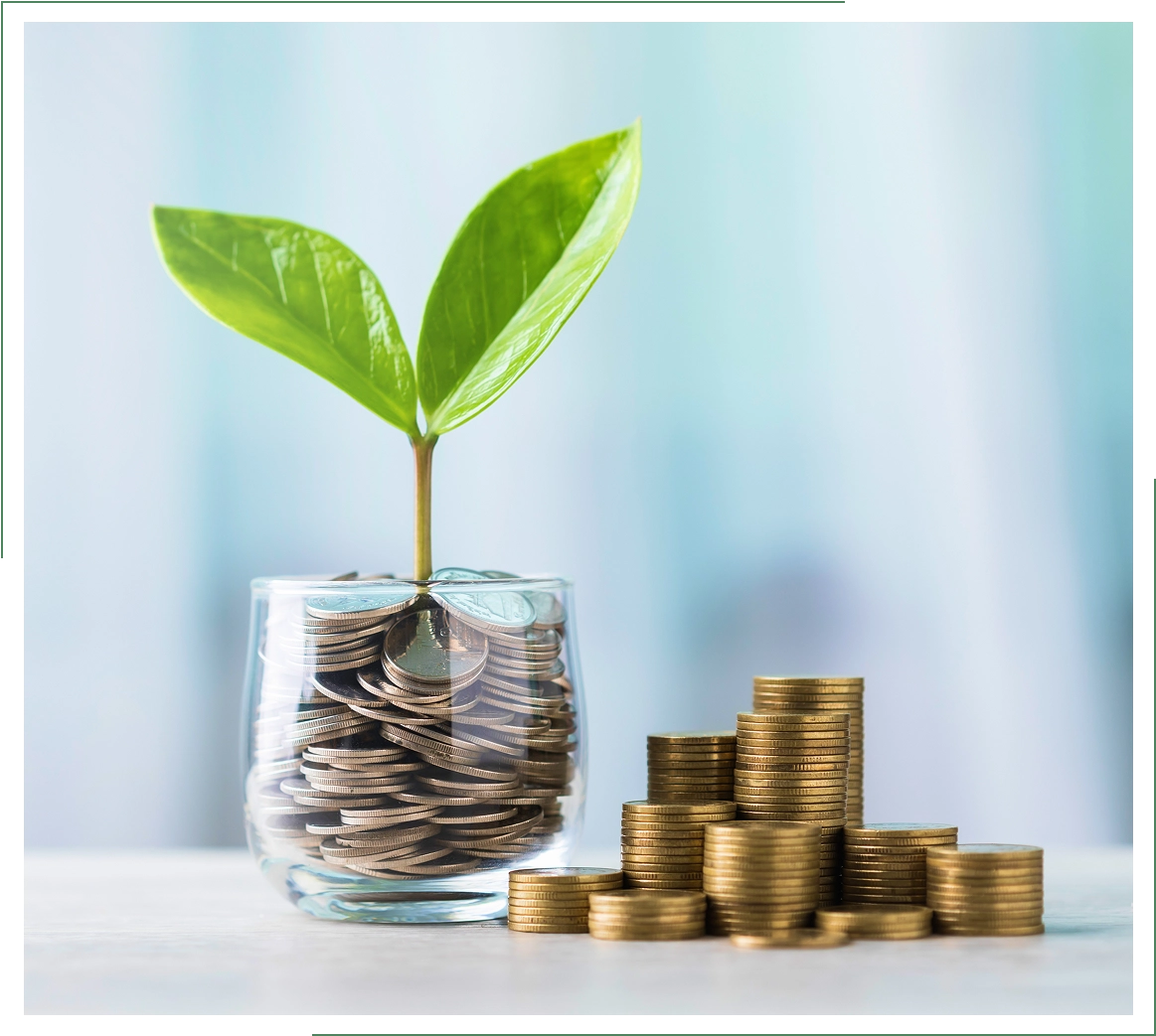 Plant growing from coins in glass jar.